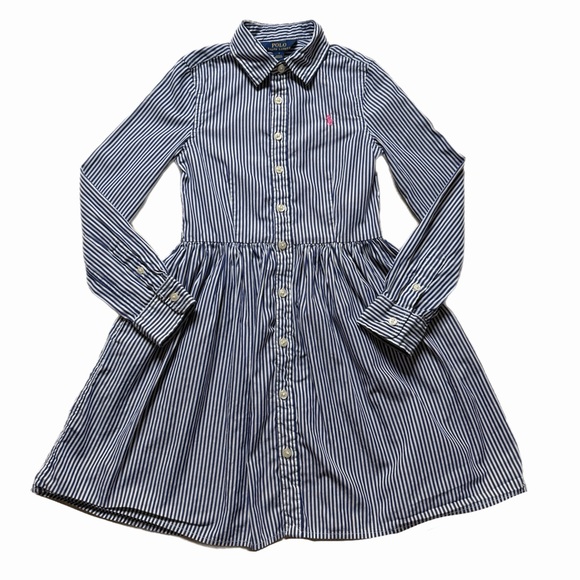 Ralph Lauren Polo Girls White Blue Striped Poplin Cotton Shirt Dress 7 Preppy - Picture 1 of 9